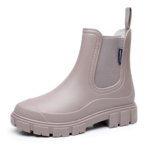DRECAGE Femmes Bottes de Pluie Courtes Impermeable Caoutchouc Botte Antidérapant Légères Chelsea Bottines Confortables Jardinage Chaussures Abricot 39