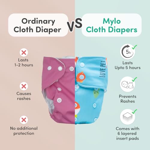Image of Mylo Leak-Proof Baby Cloth Diaper Combo (2 Diapers + 2 Inserts) | Free Size (3M-3Y) | High Absorption | Quick Dry | Oeko-Tex Certified | Washable - Floral & Heart