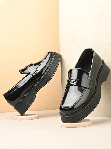 Image of Leo Men's Patent Look Platform Penny Loafers | Chunky Sole Slip-On Moccasin Shoes for Office, Formal & Casual Wear