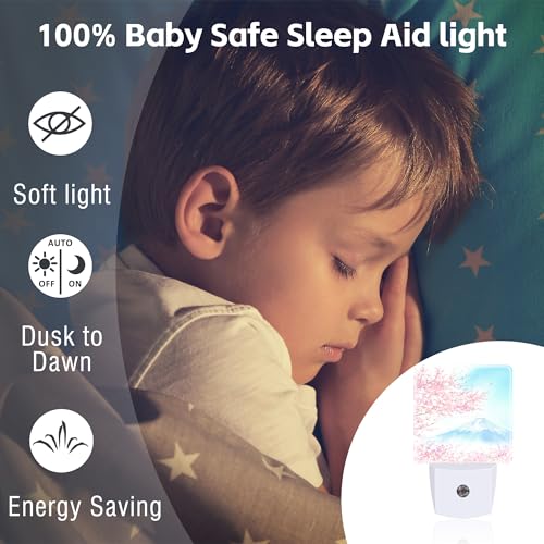 Image of Cherry Blossoms with Mountain Fuji Night Light Plug into Wall, Watercolor Pink Flowers Dusk to Dawn Night Light,0.5w Energy Saving Sleep Friendly Nightlights for Kids Boys Girls Home
