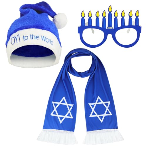 Liitrsh 3 Pcs Happy Hanukkah Costume Set Happy Chanukah Hat Happy Hanukkah Glasses Hanukkah Blue Scarf for Hanukkah Party Costume Accessories
