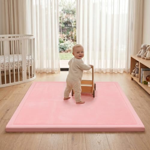 Image of ACOMOPACK 1.3 inch Thick Baby Play Mat for Floor,50x50 Elasti-Foam Playpen Mat for Kids,Infants,Toddlers, Ultra Soft Crawling Mat with Non-Slip Bottom,Tummy Time,Nursery Rug,Yoga,Tatami(Pink)