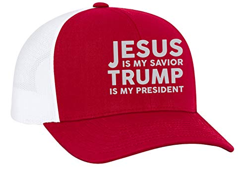 Mens Jesus is My Savior Trump is My President Adult Trucker Hat-Red with White Mesh