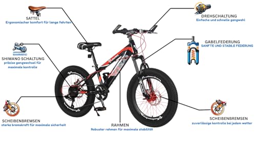 20 Zoll Kinder Mountainbike für Jungen & Mädchen – 7-Gang Shimano Schaltung – Scheibenbremsen vorne & hinten – Kinderfahrrad Farbe Orange & Schwarz – Bild 6