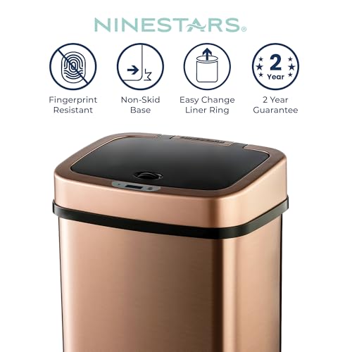 Image of Ninestars 3 Gallon Automatic Trash Can, 12L Touchless Motion Sensor Bathroom or Bedroom Garbage Can with Odor-Sealing Lid, Rectangular Gold Stainless Steel Base, Black Lid