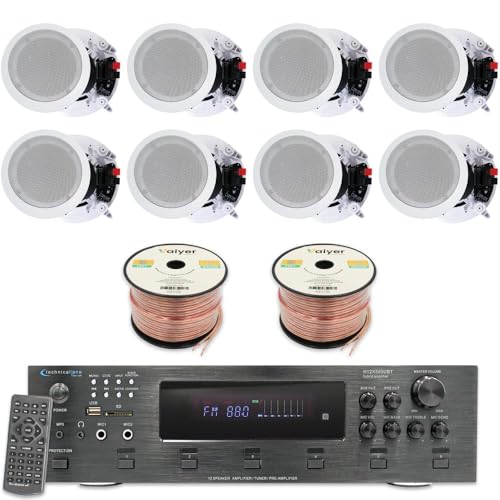 Image of Technical Pro Home Theater System Kit - 6 Channel 6000 Watts Bluetooth Amplifier, 8 Qty of 8 inch Framed Ceiling Speakers 300 W Each, 16 AWG 500 ft Speaker Wire & Remote Ideal for Home, Office