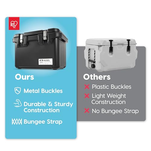 Image of IRIS USA Hugel 44 Qt Cooler, Metal Buckle, Leak Resistant, Rotomolded, Gray | Bungee straps for ice pack storage, Heavy Duty, Molded Handles, Portable, Vacuum Insulation