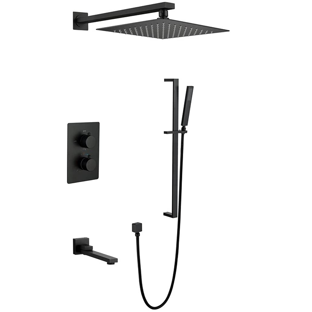 OZBMA shower set black thermostatic concealed bathroom rain mixer system with 10-12 inch square rainfall head and tub taps slide bar wall mounted set,12 i