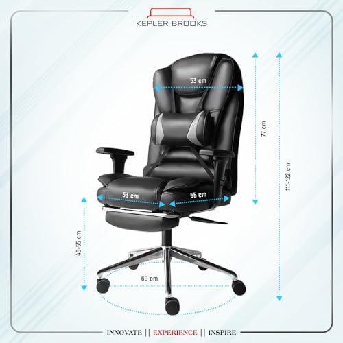 Kepler Brooks Italia Pro Premium Leatherette Office Chair for Work | 3-Year Warranty | Boss Chair for Office, Ergonomic Chair, 2D Adjustable Arm, Lumbar Support, Legrest, Heavy Duty Metal Base (Black)