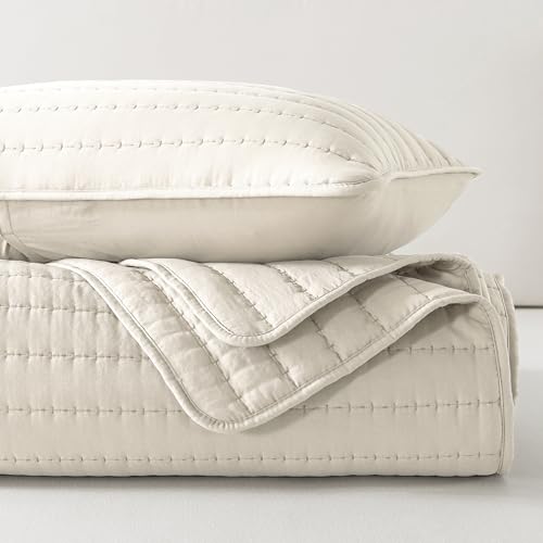 ROARINGWILD Ivory Twin Size Quilt Bedding Sets with 1 Pillow Sham, Lightweight Soft Bedspread Coverlet, Quilted Blanket Thin Comforter Bed Cover for All Season, 2 Pieces, 68x90 inches