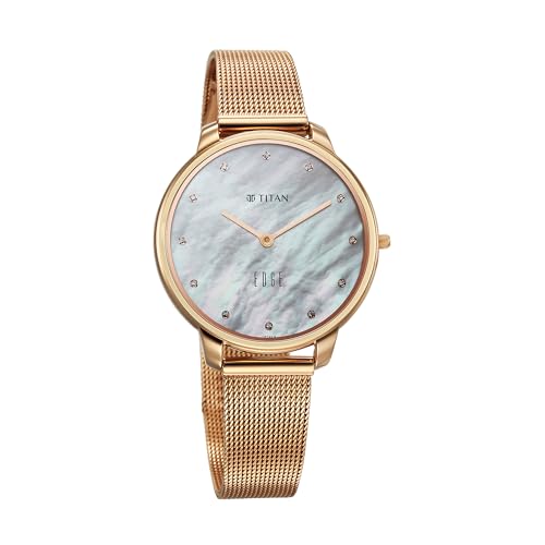 Image of Titan Edge Metal Ladies Allure Quartz Analog White Mother of Pearl Dial Rose Gold Stainless Steel Strap Watch for Women - NT2654WM02