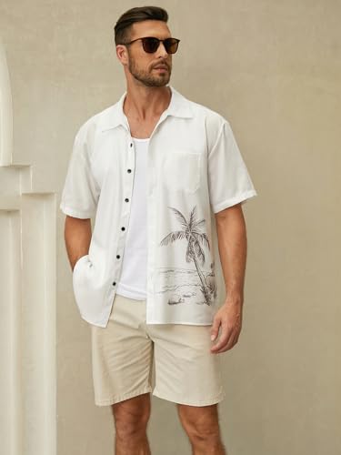 Hardaddy Men's Hawaiian Shirt Short Sleeves Coconut Printed Button Down Summer Beach Casual Shirts White XL - Image 3