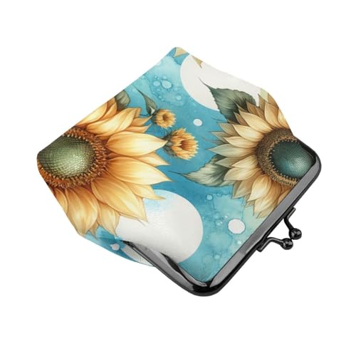 Pu Leather Buckle Coin Purse Bright-Watercolor-Sunflowers Girls Kiss-Lock Change Purse Wallets3