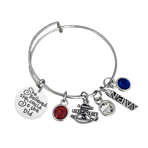 Handmade Navy Jewelry, Custom Navy She Believed She Could so She Did Charm Bangle Bracelet For Women, Navy Gift for Women