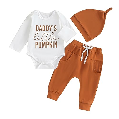 Image of MAYUMMPY Baby Boy Girl My First Halloween Outfits Pumpkin Letter Romper+Pants+Hat Fall Winter Infant Halloween Clothes Set (Funny Letters, 0-6 Months)