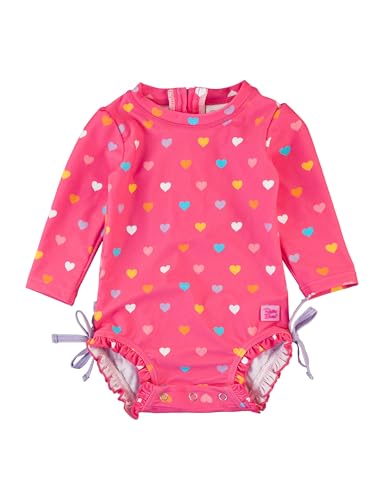 RuffleButts Baby Girls UPF 50+ Sun Protection Polka Dot Long Sleeve One Piece Rash Guard Swimsuit with Zipper - Colorful Hearts, 18-24m