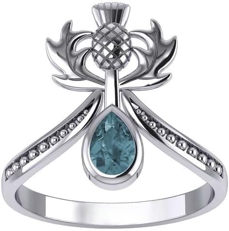 Scottish Thistle 925 Sterling Silver Ring Blue Topaz Celtic Ancestry Jewelry