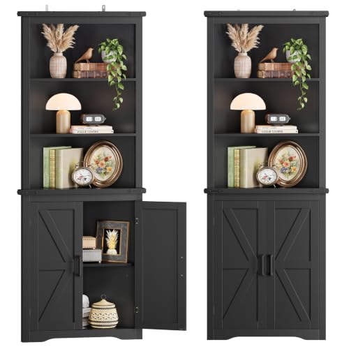 Image of TEENFON Farmhouse Corner Cabinet, 70.3 inch H Tall Corner Hutch with 5 Shelves & 2 Barn Doors, Bathroom Cabinet with Adjustable Shelf, for Living Room, Kitchen, Bathroom, Black