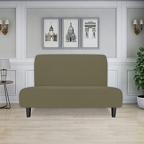 Image of Easy-Going Stretch Medium Futon Slipcover Armless Futon Cover Khaki | Sofa Bed Furniture Protector Without Armrests with Elastic Bottom for Kids, Soft Jacquard Machine Washable