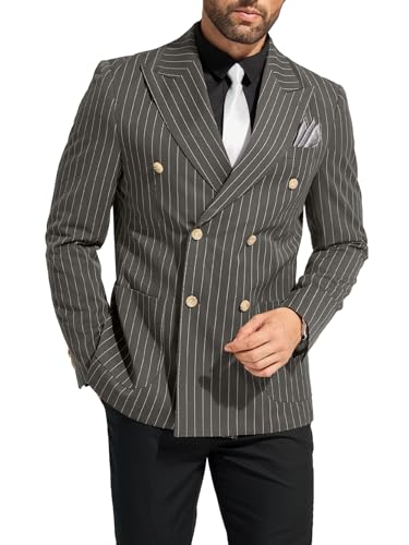 Suits for Men Pinstripe Slim Fit Tuxedo Suit 2 Piece Double Breasted Sport Coat Pants Casual Wedding Dinner Set Grey Medium