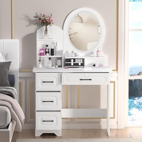 OCUhome Vanity Desk with Mirror and Led Lights, Makeup Dressing Table with Drawers and Shelves, 3 Lighting Modes Storage Unit Dresser Make Up Desk Chair Set for Bedroom Furniture White Cover