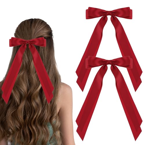 Qianyu 2 Pcs Satin Double Hair Bows Large Silky Ribbon Clip Long Tail Hair Barrettes Cute Bowknot Ponytail Holder Slides Gift for Women Girl Accessories Valentines Day Birthday Christma(2 red)