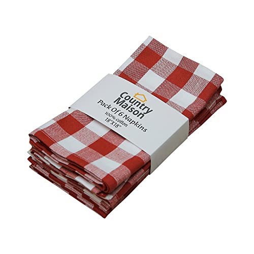 Country Maison Cloth Napkins | Pack Of 6 Dinner Napkins | 18”X18” | 100% Cotton Table Napkins | Buffalo Check - Barn Red… #TOP20