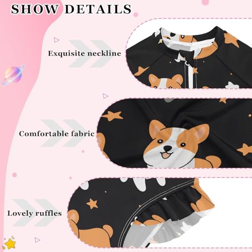 Girls One Piece Swimsuits Long Sleeve Swimsuit Zipper Bathing Suits Corgis Dog Star Black3