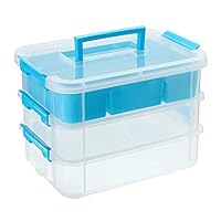 BTSKY 3 Layer Stack & Carry Box, Plastic Multipurpose Portable Storage Container Box Handled Organizer Storage Box with Removable Tray for Organizing Sewing, Art Craft, Supplies Blue
