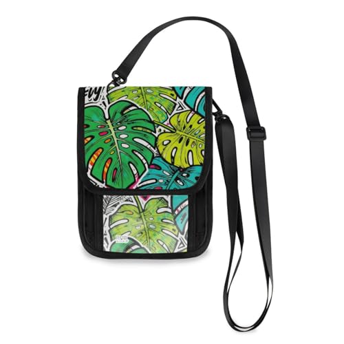 Tropical Leaves Fashion Green Travel Wallet Passport Holder Travel Wallet Organizer Slim Lightweight Crossbody Bag with Adjustable Strap