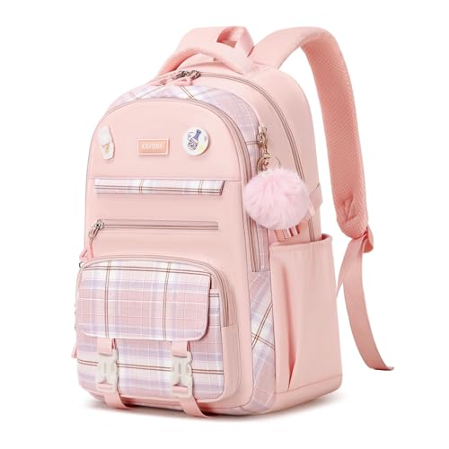 ASKSKY Mochila feminina para escola, bolsa de livros Kawaii para adolescentes, vários bolsos, mochila escolar para ensino fundamental e médio, 1 peça - rosa, 18.81 x 7.08 x 12.59 inches