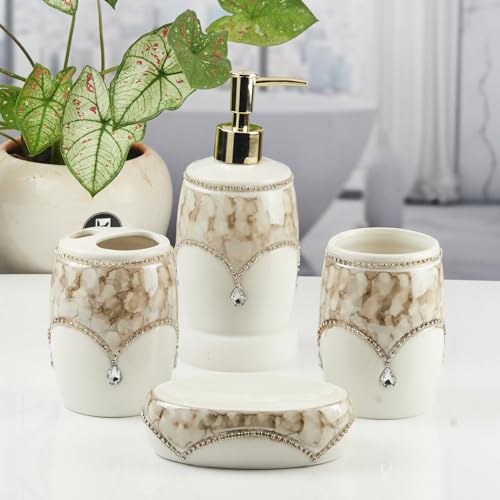 Image of Kookee Ceramic Bathroom Accessories Set - 4 Piece Bath Kit with Soap Dispenser, Soap Dish, Toothbrush Holder & Tumbler | Modern Designer Decor for Home & Guest Bathrooms (11122)