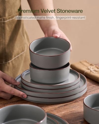 Image of Famiware Nebula Ridge 24-Piece Dinnerware Set with Pasta Bowls, Dark Gray