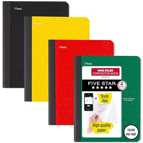 Five Star Composition Book + Study App, 4 Pack, Wide Ruled...