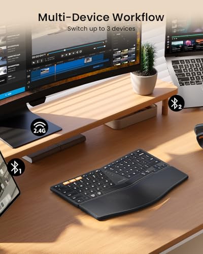 ProtoArc Bluetooth Ergonomic Keyboard, EK04 Mini Compact Wireless Ergo Keyboard with Palm Rest, Split Design, Natural Typing, Bluetooth and USB, Rechargeable, for Windows/Mac - Black - Image 3