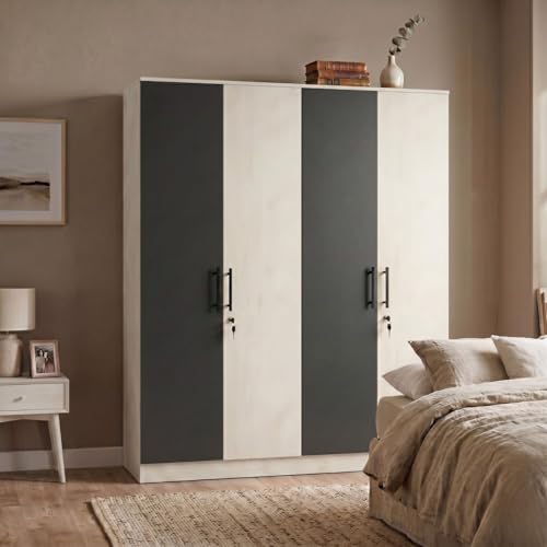 Image of FFO Tokyo 4 Door Wooden Wardrobe for Bedroom with Hanging Rod, Shelves & Lock | Modern Clothes Storage Almirah /Cabinet with Black & White Wood | Wardrobe Organizer for Clothes, Dresses DIY.