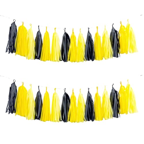 Image of Black and Yellow Tassel Garland,Tissue Tassel Banner for Party Decorations,Pack of 15