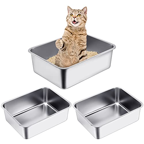 Gerrii 3 Packs Extra Large Stainless Steel Litter Box for Cat with High Sides, Non Stick Smooth Surface, Easy to Clean for Cat Bunny(17.7 x 13.8 x 5.9)