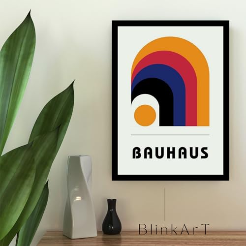 Image of BLINKART Vintage Bauhaus Retro Geometric Aesthetic Poster Gallery | Colorful Wrap Framed For Home Office Studio Living Room Modern Art Studio Decoration Abstract Shapes | (d73) | 13x10 Inch