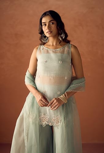 Image of FIORRA Women Sea Green Crush Organza Hand Work Straight Kurta Set with Dupatta