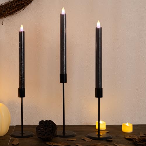 Image of JOIONE Black Flameless Taper Candles with Remote, 3 Pack Halloween Decor | Battery Operated LED, Black Real Wax, Remote Control, Warm Flickering Glow, Safe Halloween Home & Party Decor