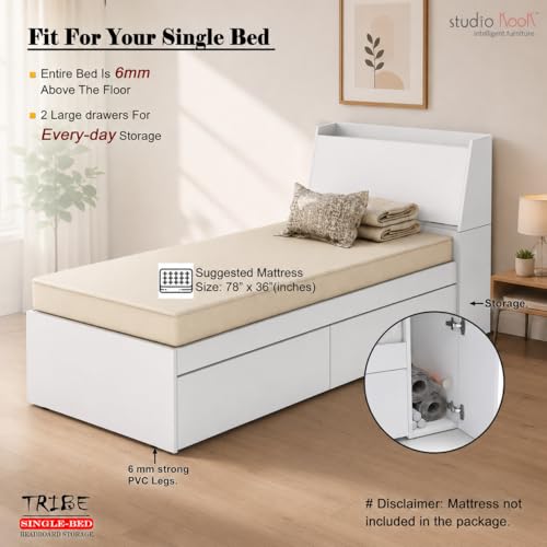 Image of Studio Kook Tribe Right Single Bed with Headboard Storage & 2 Drawers | Engineered Wood Bed | Fits 78 x 36 inch Mattress | Moonshine White | Mattress Not Included