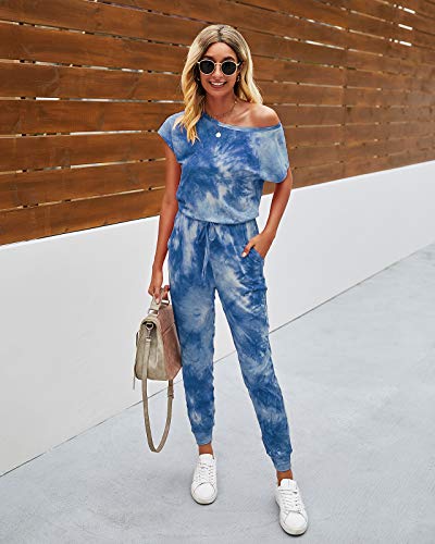 Image of PRETTYGARDEN Jumpsuits for Women Summer Off Shoulder Romper | Short Sleeve Drawstring Waist, Jogger Jumpers with Pockets, One Piece Spring Break Outfits, Vacation Travel Lounge Clothes