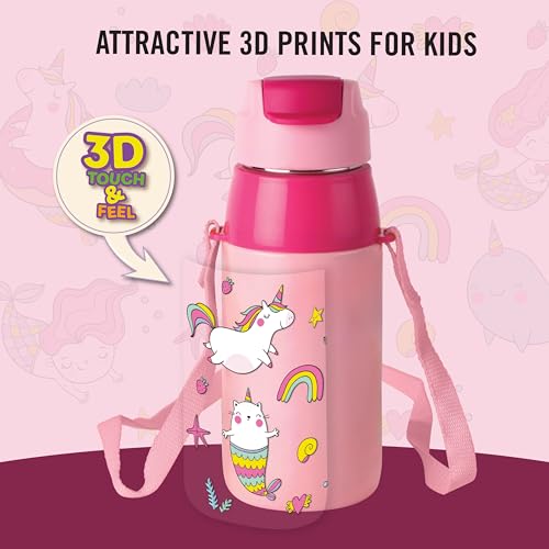 Image of CELLO Kidzbee Era 400 Insulated Kids Water Bottle 400 ml, Pink | 3D Touch & Feel Pink Parade Design One Hand Grip Lightweight Leakproof Easy Sip Flip Cap Insulated Water Bottle for School Kids
