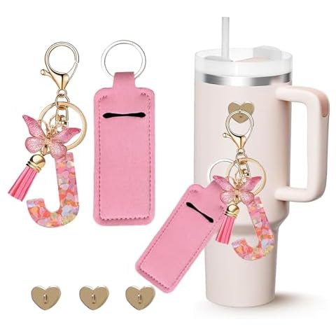 PAZLOG Letter Charm Accessories for Stanley Cup with Mini Hooks & Lipstick Chapstick Holder & Tassel Butterfly Cute Initial Name Id Keychain Compatible with Stanley Tumbler 40oz for Women Girls, J… Cover