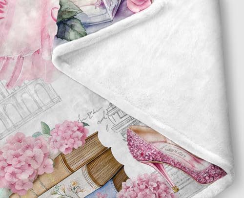 Image of Paris Pink Dress Floral Flannel Throw Blanket, Vintage Eiffel Tower Perfume High Heel Cozy Decor Blanket for Couch Bedroom Camping, Gift Blanket for Women Girls Home Fans,60X70 Inch