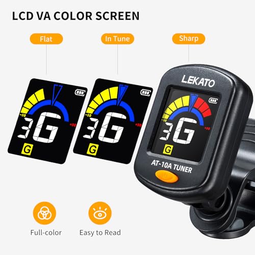 LEKATO Guitar Tuner Rechargeable Clip On Tuner for All Instruments Acoustic Electric Guitar Bass Ukulele Violin Chromatic Tuning Modes Digital Tuner for Stringed Instruments LCD Color Screen(Black)