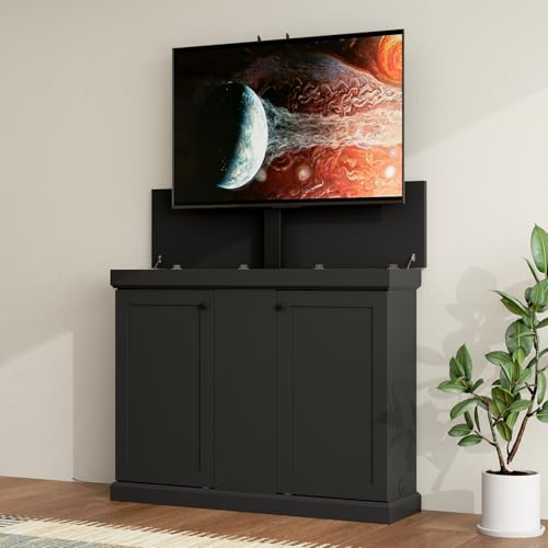 MOUMON Modern TV Stand Elevate TV Lift Cabinet with Mount Media Console Table with Remote Entertainment Center with 2 Doors for Living Room Black 50.4W x 15.7D x 39.2H