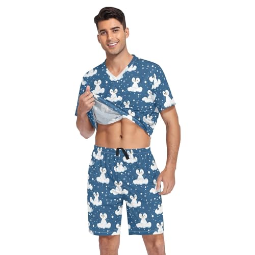 Cute Penguin Men’s Pajama Sets Short Sleeve Lounge Wear with Elastic Waistband and Drawstring3
