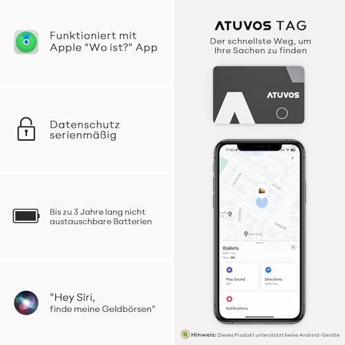 ATUVOS Wallet Tracker Karte Thin 1.6mm, Smart Air Tag Card Kompatibel mit Apple Wo ist? APP (iOS NUR, Android Not Supported), Bluetooth Item Finder für Reisekoffer/Geldbeutel/Koffer/Taschen und mehr